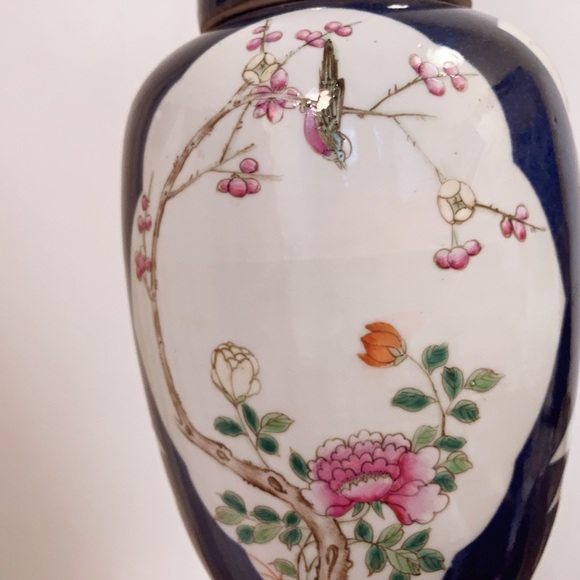 Chinese Ginger Porcelain Table Lamp Cobalt Blue Exotic Birds Flowers Glaze 12” - Picture 3 of 7